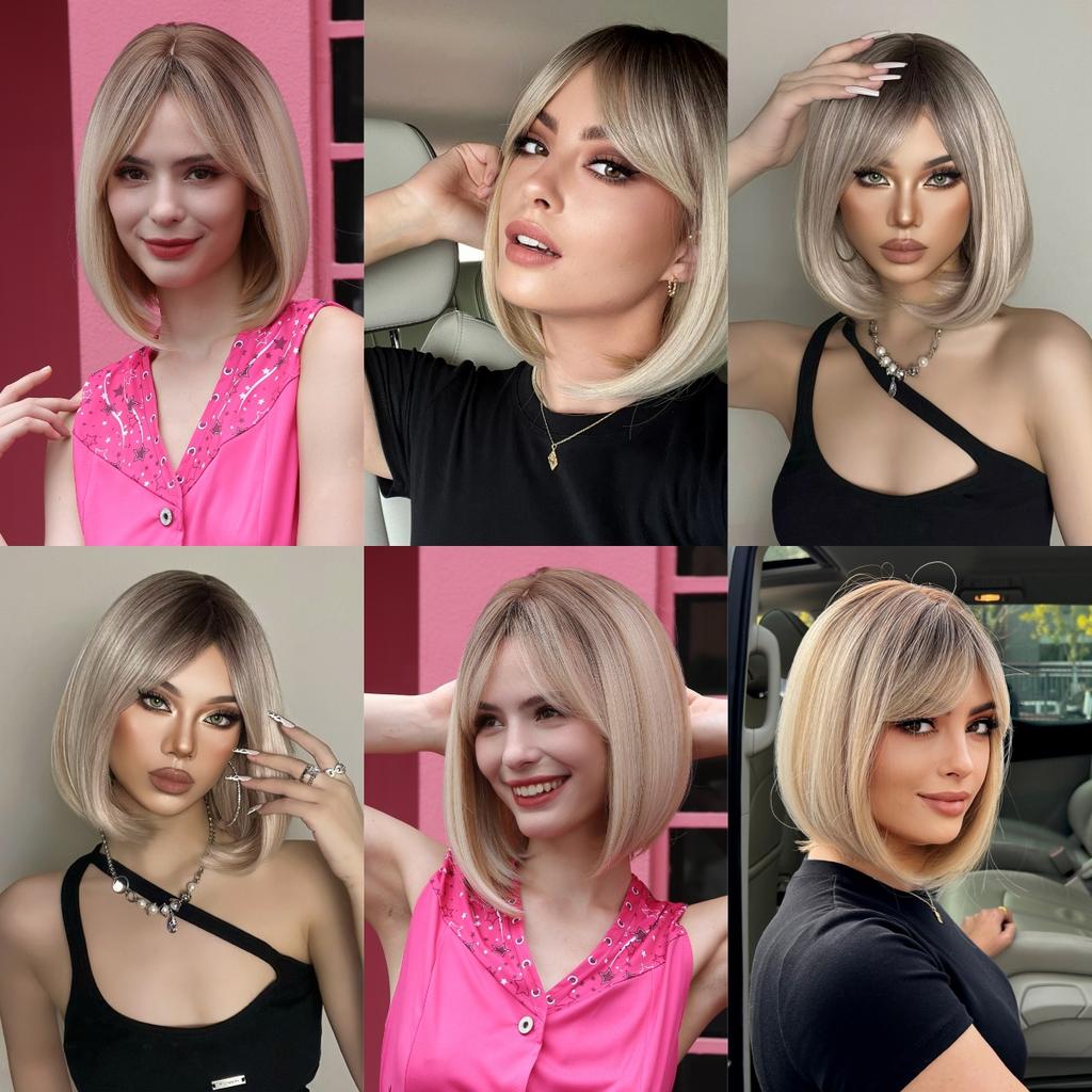 ALAN EATON Short Ombre Blonde Wig for Women Natural Straight Synthetic Hair Bob Wigs with Bang Party Daily Heat Resistant Hair