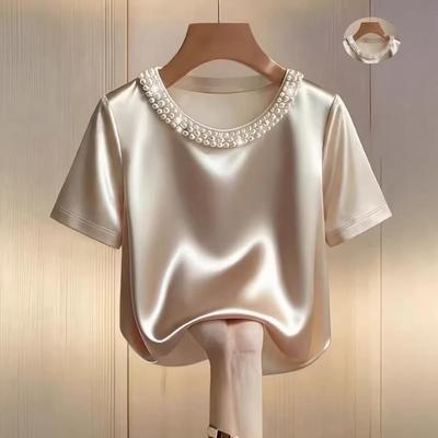 Spring 2026 Women's Beaded Round Neck Satin Chiffon Top