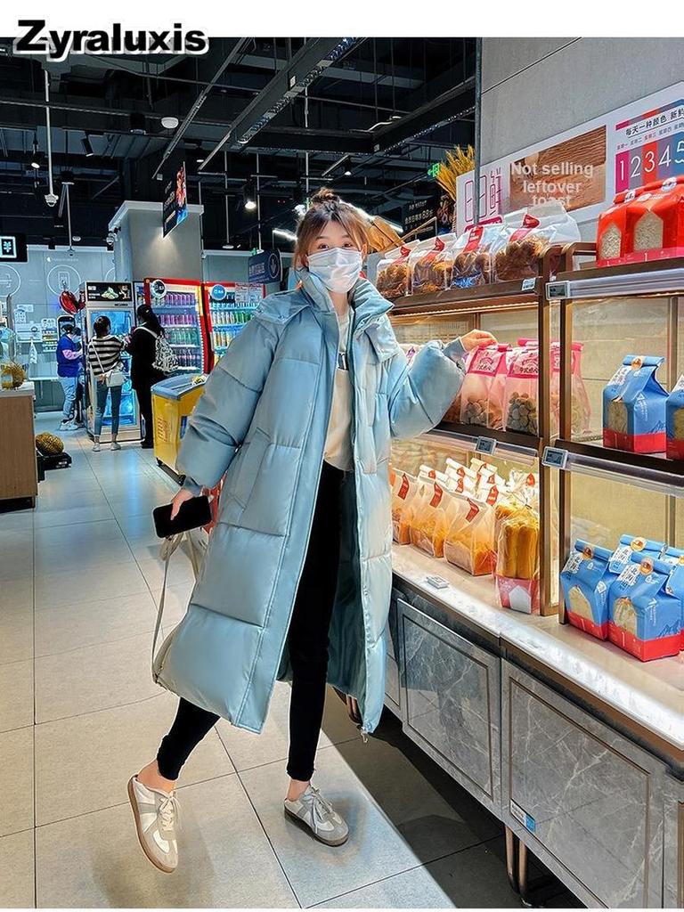 Real shot of the new winter mid-length knee-length down cotton coat for women, Korean-style loose thickened hooded cotton-padded jacket outerwear