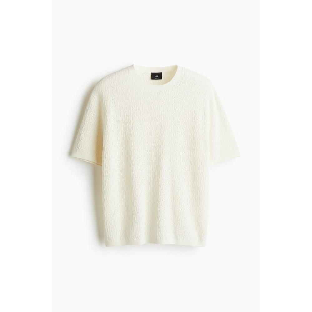 H M Regular Fit Textured Knit Tee wHite