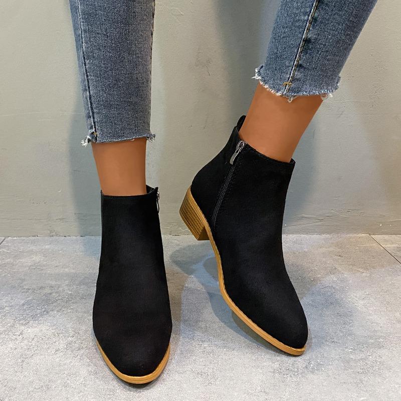 European and American Foreign Trade Large Size Thick Heel Short Martin Boots Women's Round Head Suede Side Zipper Low Heel Thin Single Boots