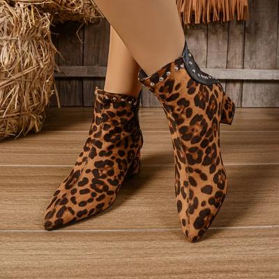2024 High Quality Ladies Shoes Ankle Women's Boots Fashion Back Zip Modern Boots Women Sexy Leopard Print Rivet Shoes for Women