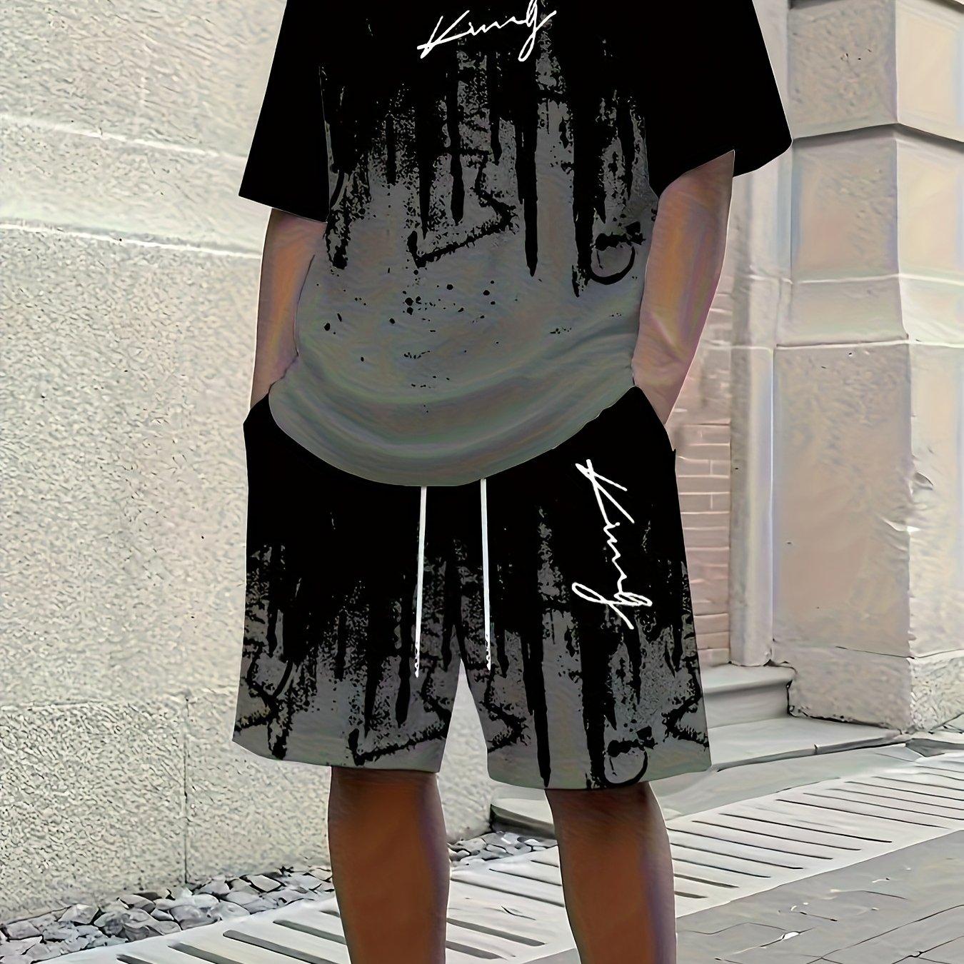 2026 New Summer Men s letters king Print T-Shirt And Shorts Set Loose Simple Fashion Sportswear Casual Two Piece Outfit For Adult Men S серый