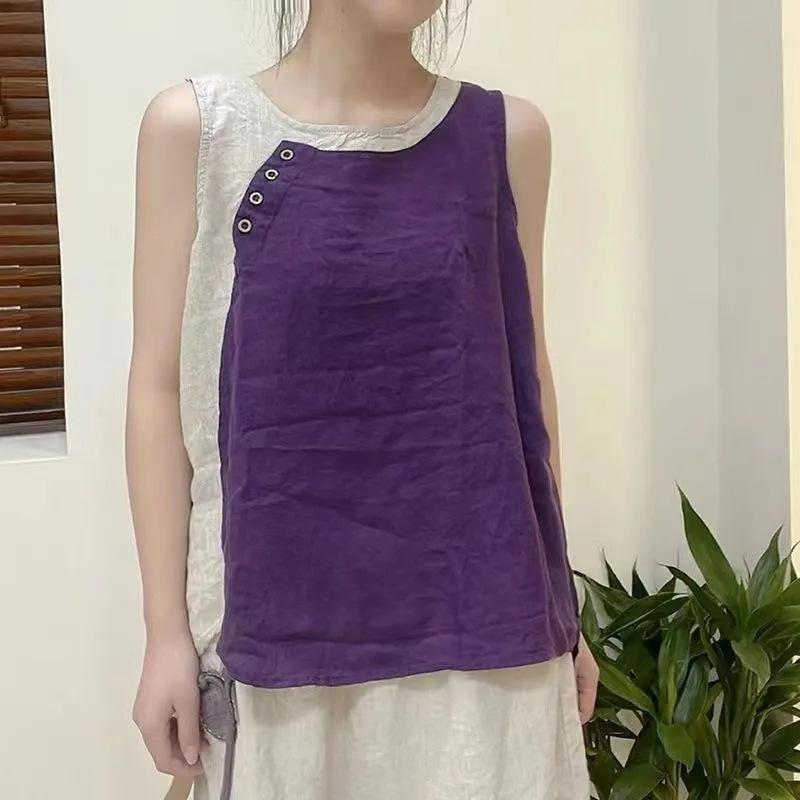 Damen Sommer Asymmetrisches Lockeres Baumwoll-Ärmelloses Oberteil Knopfdekoration Patchwork-Design Bequemes Oberteil