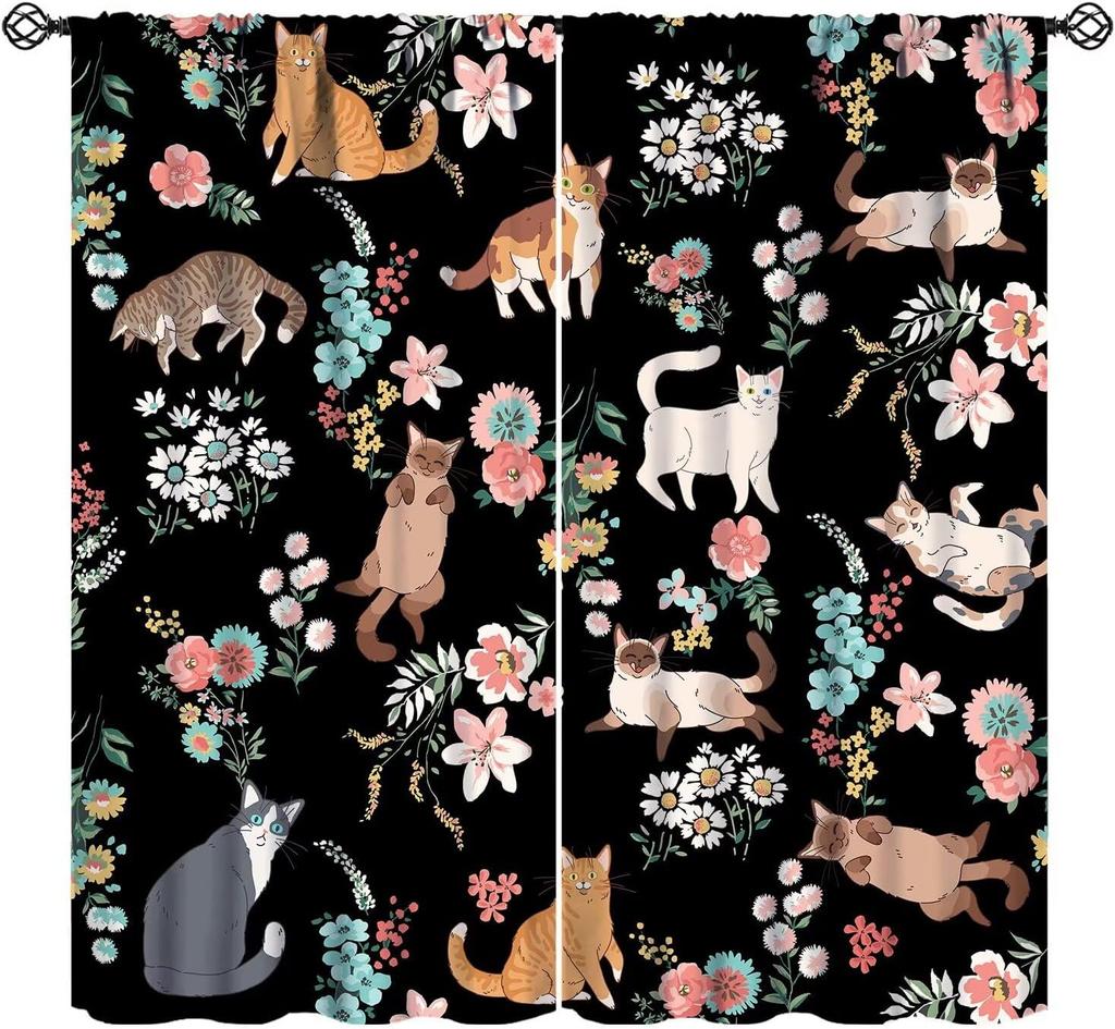 Cartoon Cat Floral Curta, Colorful Spring Blue Orange Flowers Bouquets Funny Cute Cats Nature Garden Window Treatments For