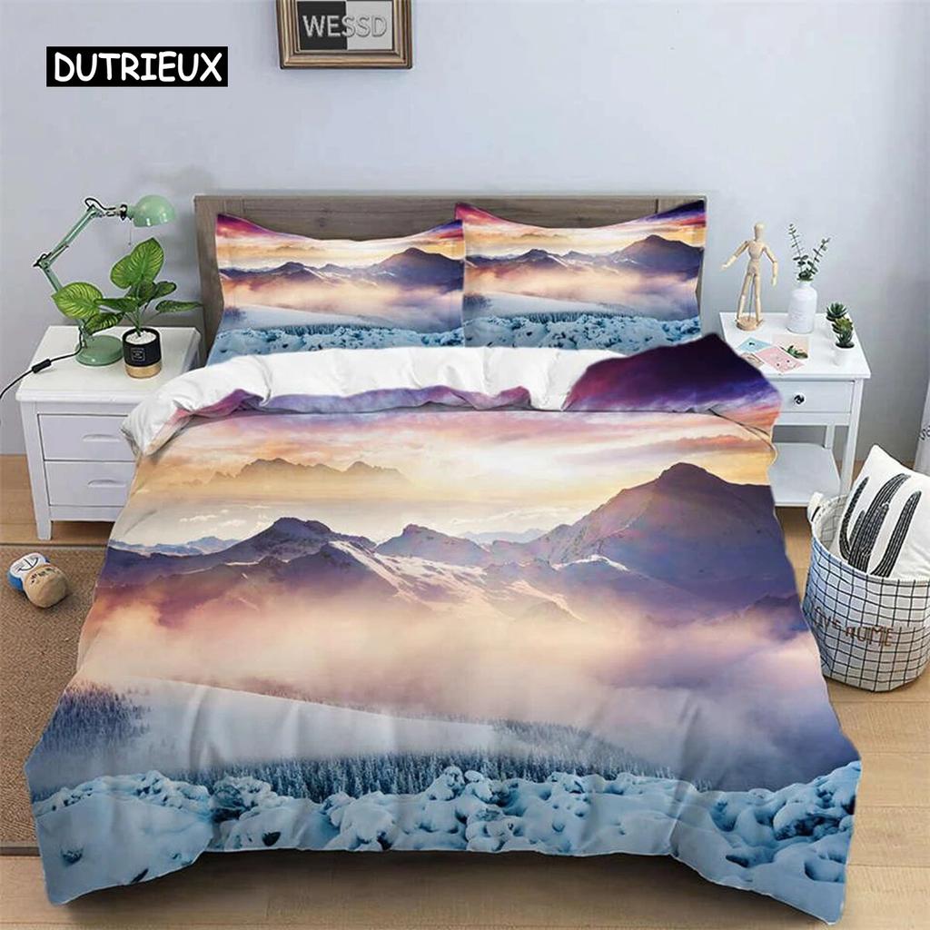 Snow Mountain Duvet Cover Set Polyester 3D Landscape Bedding Set for Teens Adults Ski Slope Winter Theme Q-Queens Comforter Cover Three-piece Set