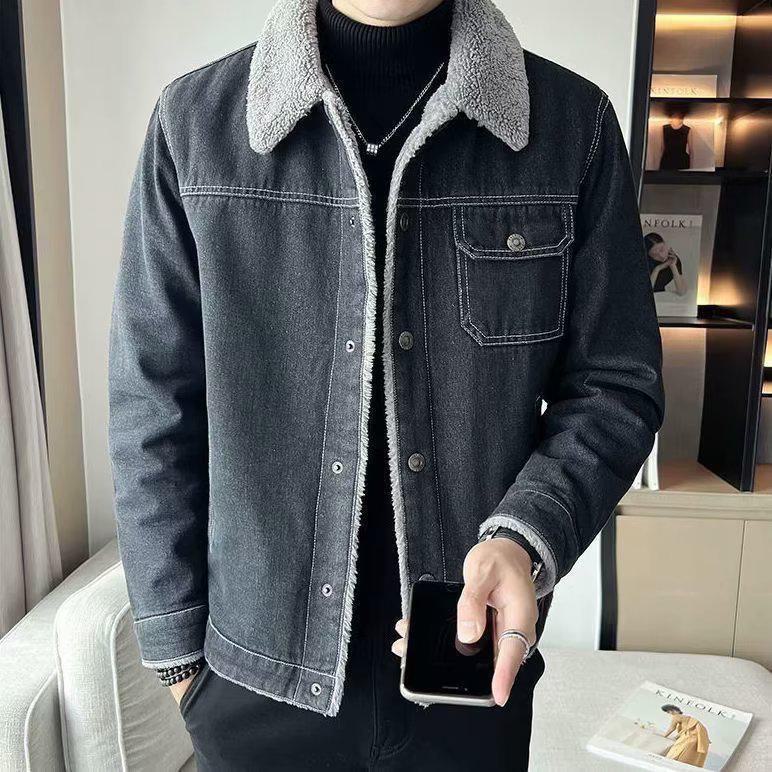 Men's 2024 Slim Velvet Lapel Denim Jacket with Lambskin - Trendy Winter Korean Style