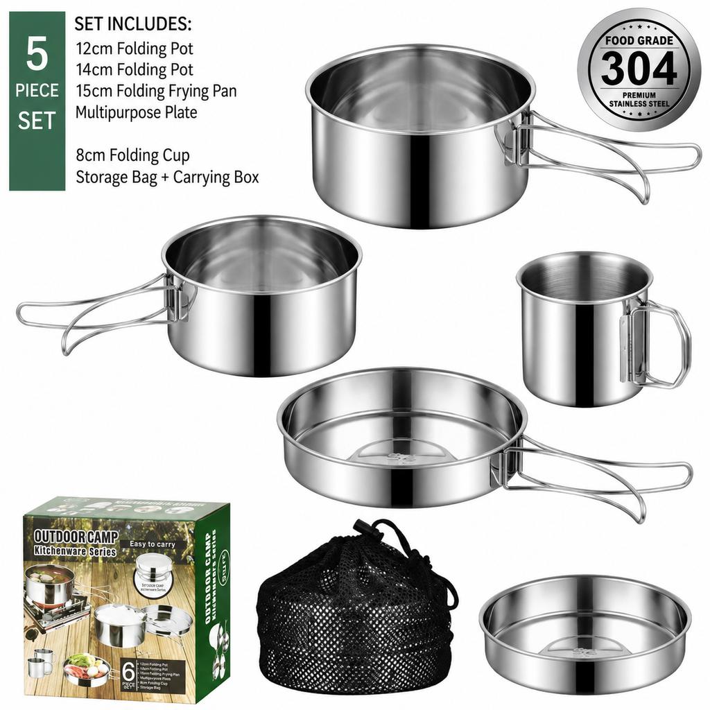 304 Stainless Steel Camping Cookware Set Foldable Tableware Combo Kit for Outdoor Picnic Backpack Cooking Use