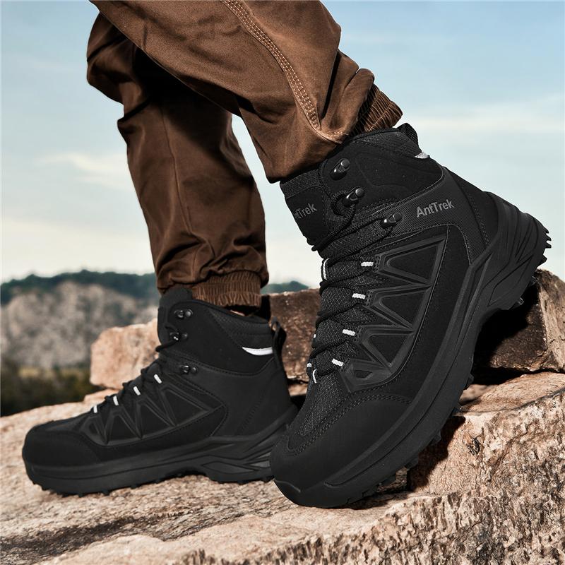 Men Black High Top Trekking Boots Breathable Mesh Patch Anti Slip Thick Lug Sole Outdoor Mountain Hiking Casual Shoes