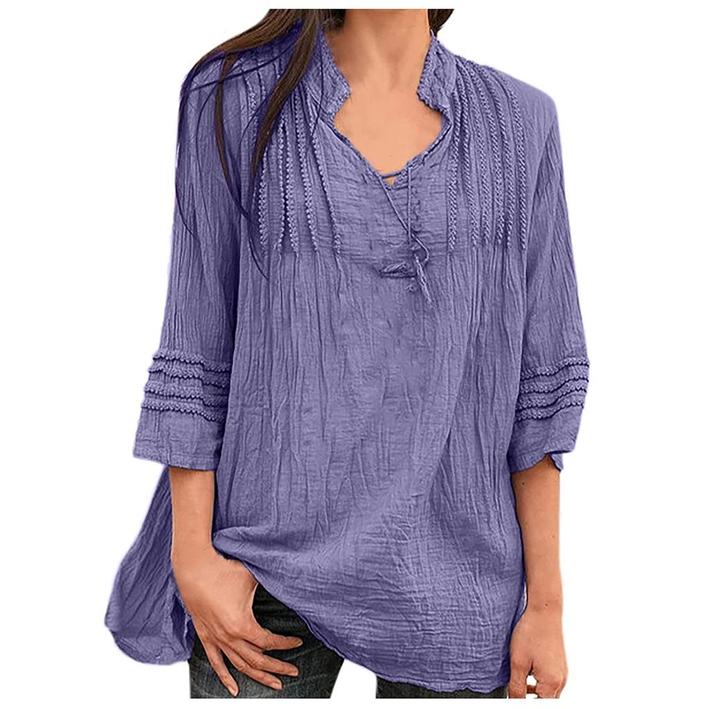 Women Flared Sleeve Tops Solid V-Neck Lace Splicing Fold Three Quarter Sleeve