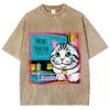 Water Wash vintage retro T-shirt big eyes cute cartoon cat print summer men's and women's Loose short sleeve
