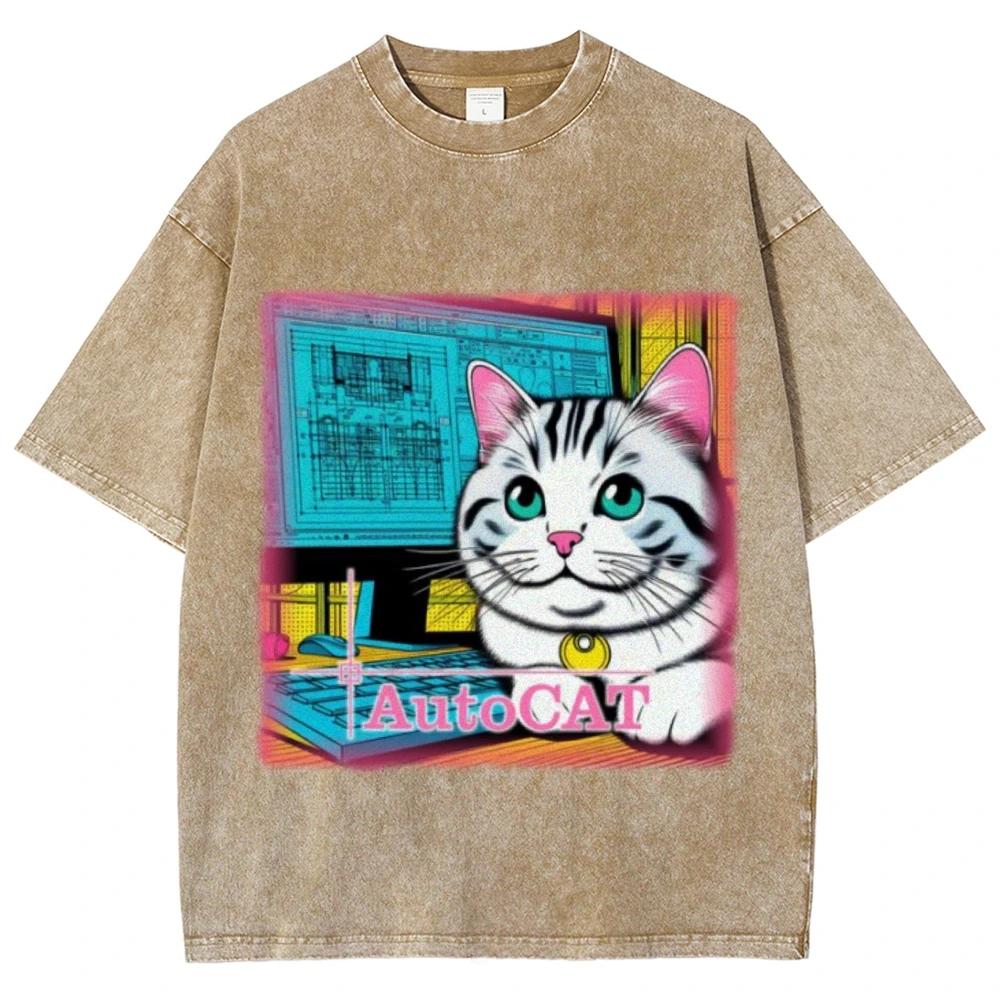 Water Wash vintage retro T-shirt big eyes cute cartoon cat print summer men's and women's Loose short sleeve