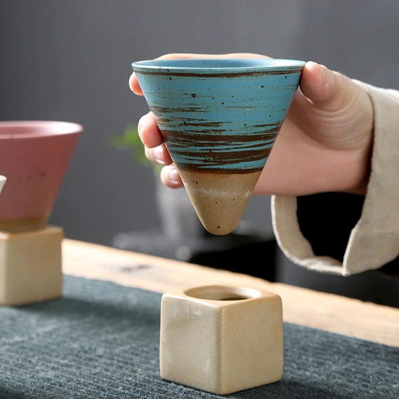 1pc Retro Japanese Triangular Cone Shape Pottery Tea Coffee Cup Pull Ceramic Mug Rough Latte Tea Porcelain Cup for Home Office