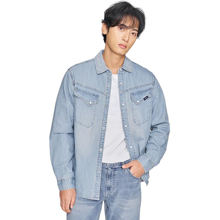 25 Mall Style New Comfortable Version Lapel 101 Casual Retro Long Sleeve Denim Shirt Men Shirts Light-Blue LMT0100515FQ00FA09311