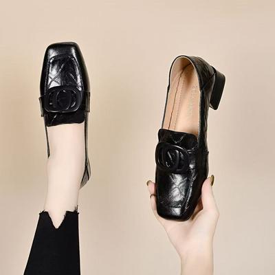 Square Head Small Single Shoes Women's Spring Round Buckle Embossed Cowhide Shallow Mouth Low Heel Leather Shoes Work Shoes One Pedal Leather Shoes