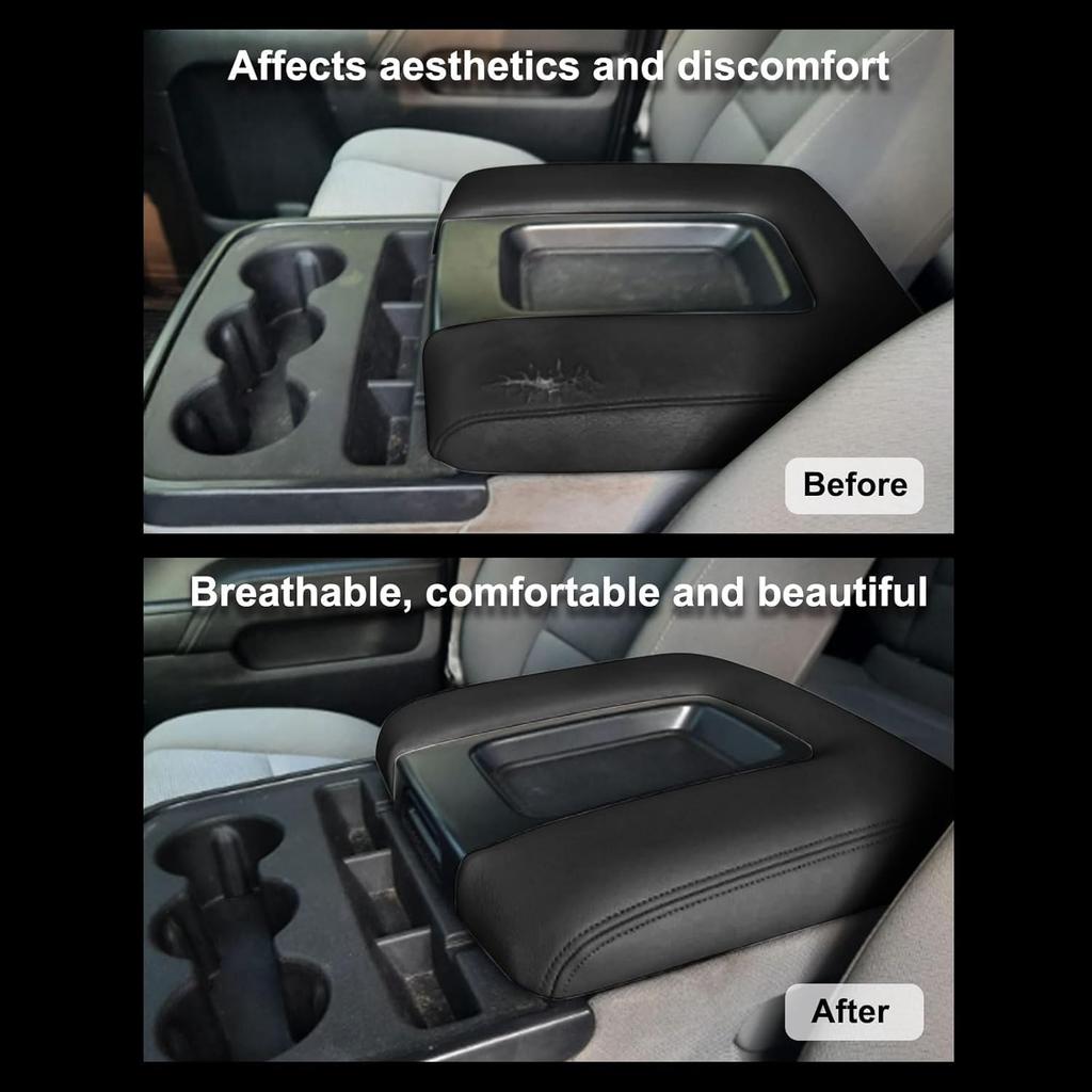 SecosAutoparts Black Leather Center Console Leather Lid Armrest Cover Replacement Compatible With Chevy Silverado GMC Sierra 2014 2015 2016 2017 2018