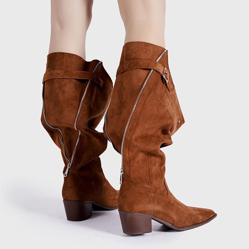Fashion Star style Zip Fold Faux Leather Western Women Knee-high Boots Fashion Autumn Winter High heels Cowboy Long Boots Shoes Botas