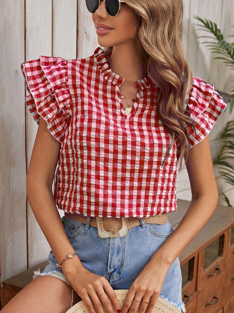Summer Tops Double Layer Ruffled Hem Cute Sweet Girls' Dresses Check Short Sleeve