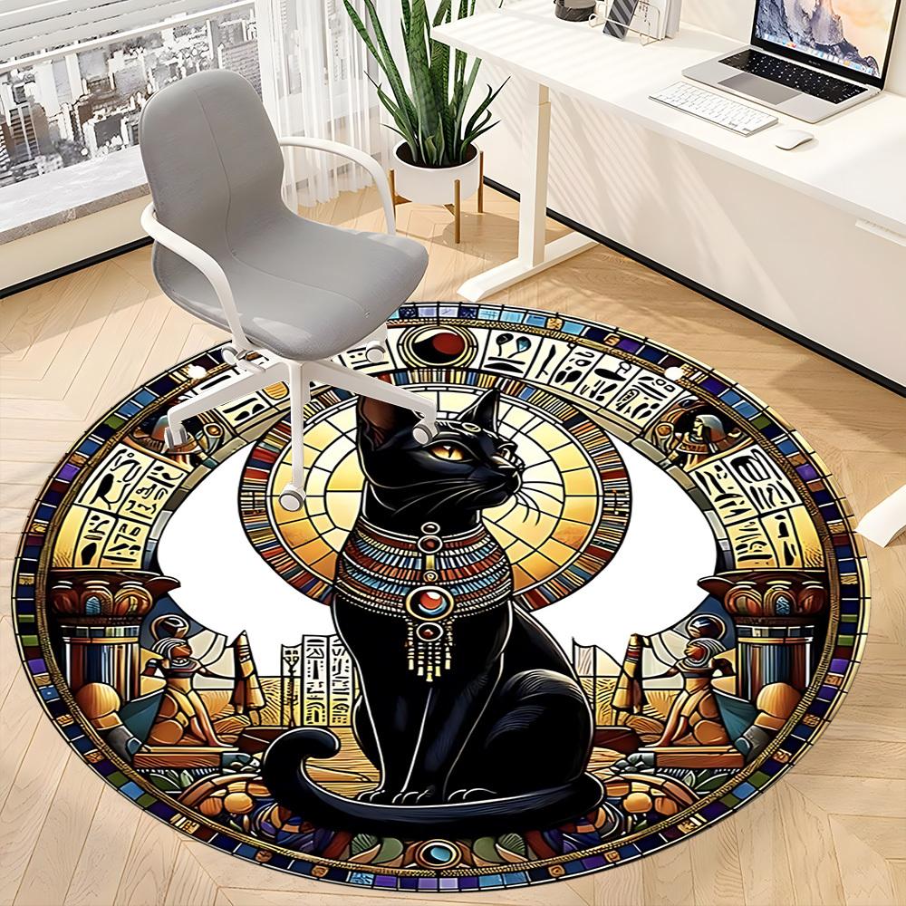 1PC Egyptian Cat Office Round Rug, Non slip, Soft and Durable Office Rug for Interior Decoration, Perfect for Office