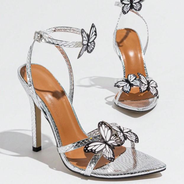 Ladies Pointed Butterfly Decorative Cross One-Word Strap Ankle Strap Stiletto Sandals Silver Heels