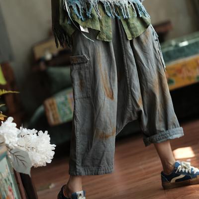 Dámske Vintage Tie-dye Krížové Nohavice Vrecká Elastický Pás Jesenné Nohavice Voľné Dlhé Nohavice