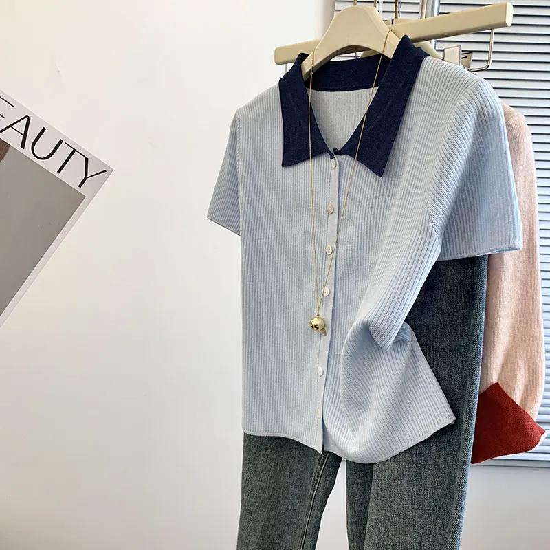 Summer New All Match Ice Silk Short Sleeved T-shirt for Women Polo Collar Contrasting Fashion Top