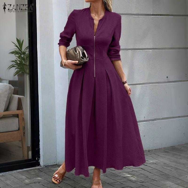 ZANZEA Vestido Largo Casual de Línea A con Manga Larga y Cuello Redondo para Mujer con Cremallera