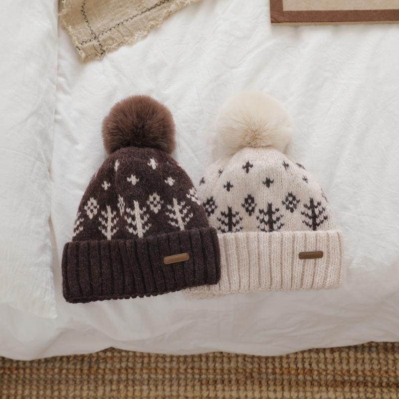 Japanese Style Retro Rabbit Fur Ball Pullover Hat  Women's Large Head Girdle  Warm Woolen Knitted Hat  Ear Protecting Cold Hat