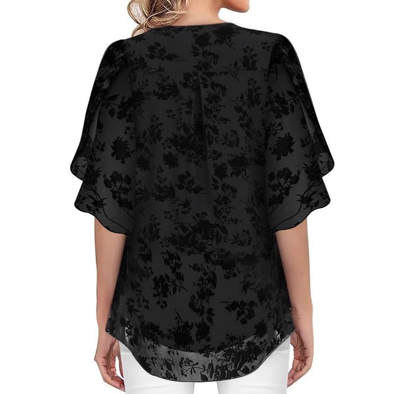 Plus Size Women's Floral Velvet Burnout V Neck Blouse, 3/4 Flare Sleeve Chiffon Tunic Top