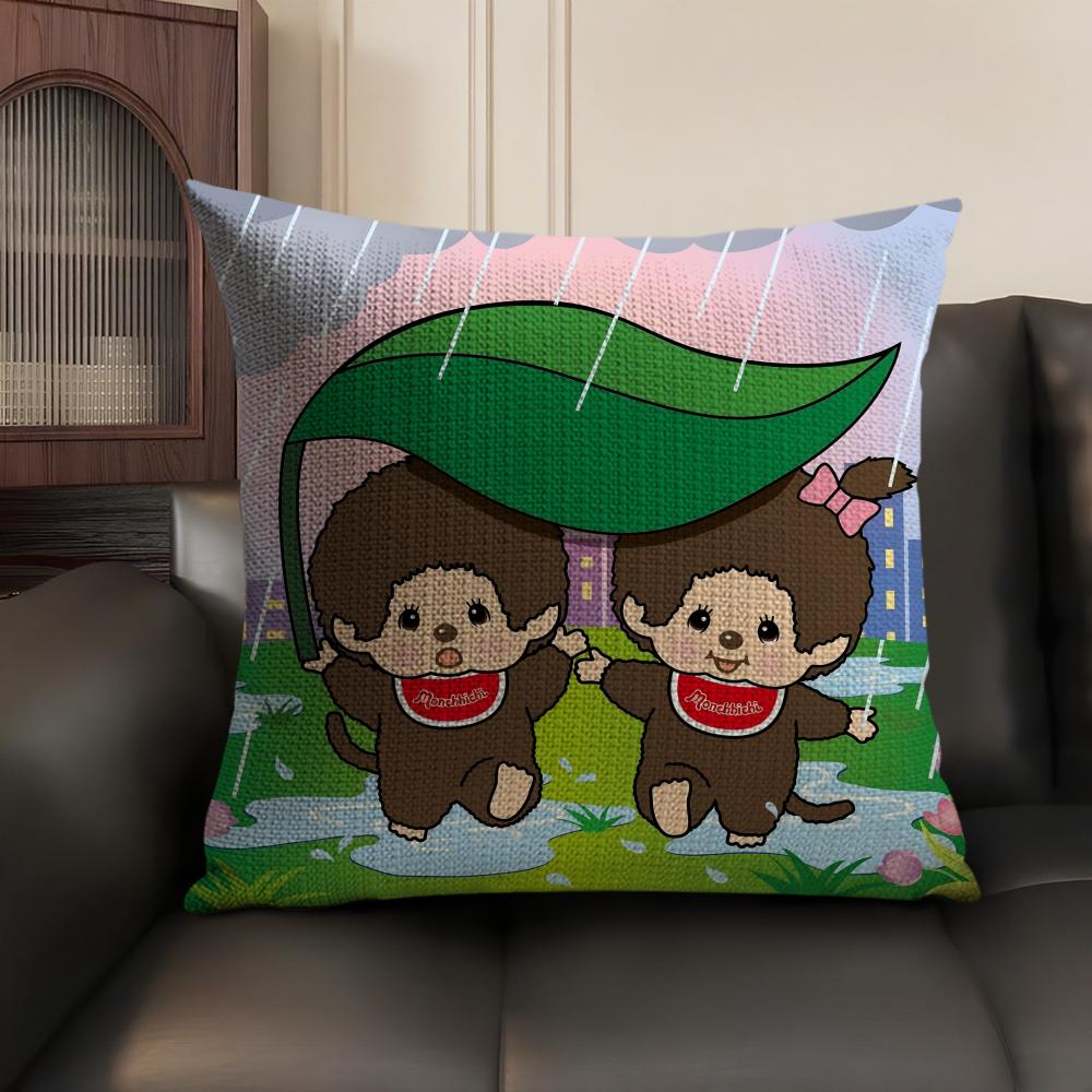 MMonchhichi cute Cushion Cover Natural Linen Organic Fabric DoubleSided Printing Sofa Home Decor Gift Pillow Case