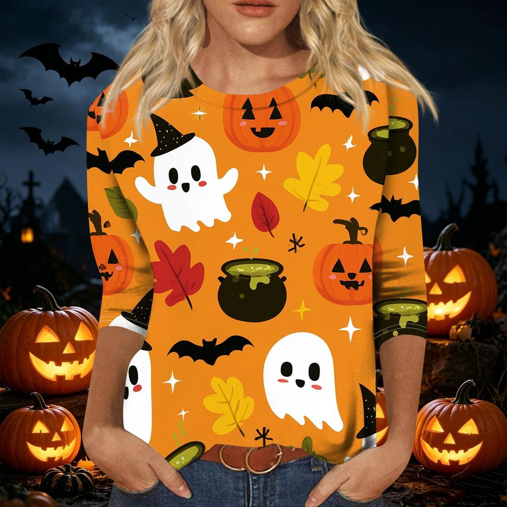 Womens Casual Halloween Print Pullover Shirt Three Quarter Sleeve Round Neck Top Lightweight Comfortable Fabric
