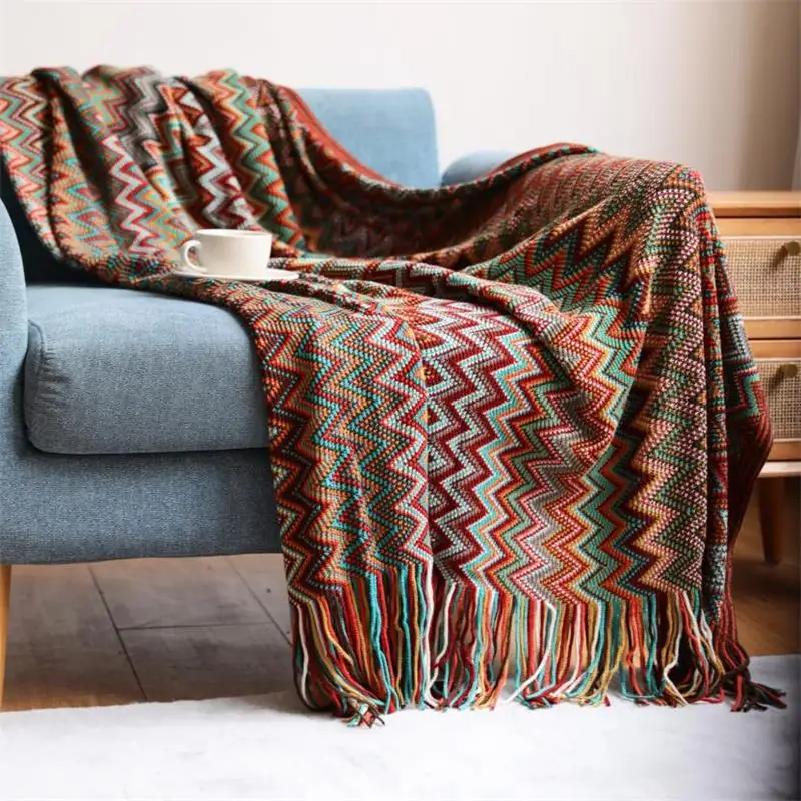 Hand Knitted Blanket With Tassel Summer Blanket Bed Sofa Travel Breathable Chic Bohemian Soft Comfortable Blanket