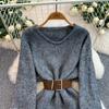 Autumn Winter Women Elegant O-neck Knitted Sweater Chic Mini Short Straight Pullover Dresses with Belt