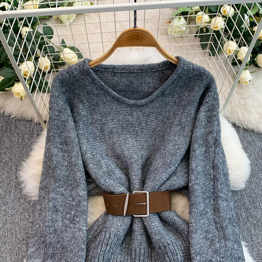 Autumn Winter Women Elegant O-neck Knitted Sweater Chic Mini Short Straight Pullover Dresses with Belt