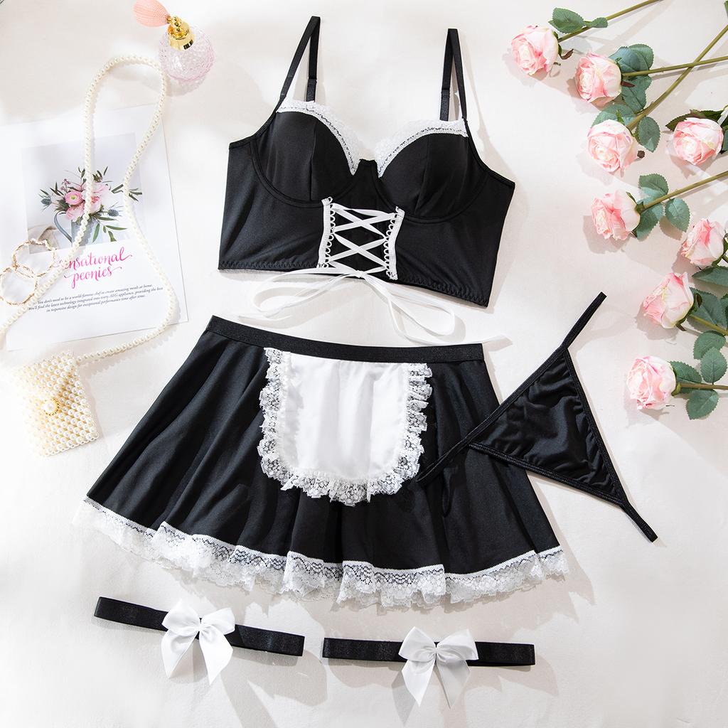 Maid Cosplay Bow Bandage Apron Maidservant Uniform Women's Sexy Lingerie 5-Piece Sets Lace Patchwork Sensual Tempt Onlyfans Kit