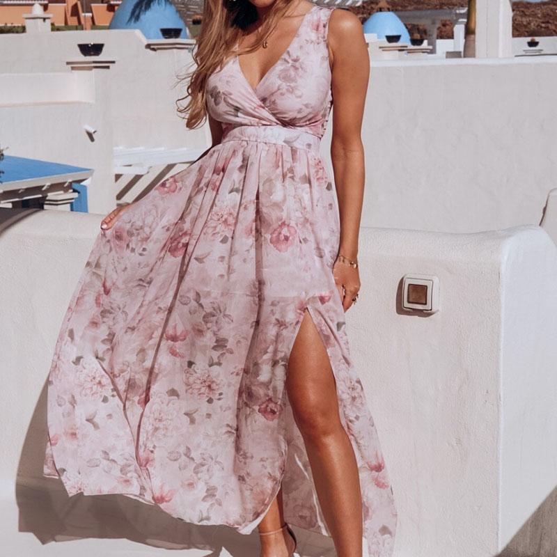 Womens Floral Summer Print Dress Ladies V Neck Split Holiday Beach Sundress