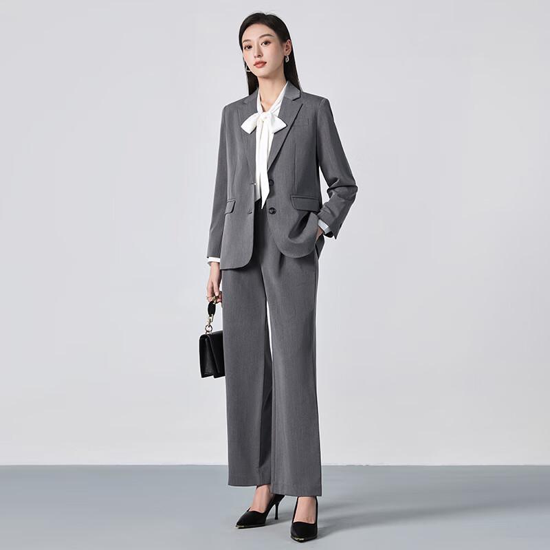 Toluoman Women's Grey Relaxed Fit Suit & Wide-Leg Pants Set