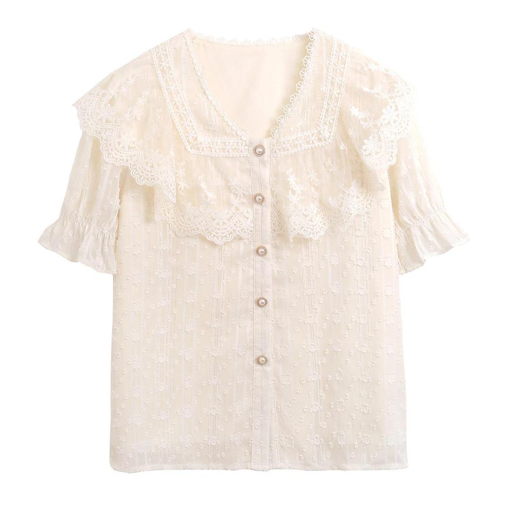 Top de Encaje Francés con Cuello en V y Manga Abullonada para Mujer - Elegante Estilo Veraniego