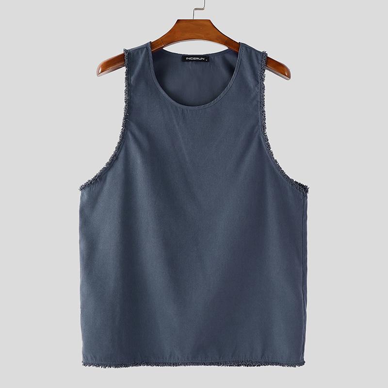 

INCERUN Мужские топы-майки с круглым вырезом, без рукавов, с бахромой по подолу, повседневные, свободного кроя синий