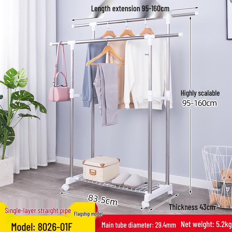 Floor-Standing Double-Rod Mobile Drying Rack, Retractable Stainless Steel Clothes Pole for Home and Balcony