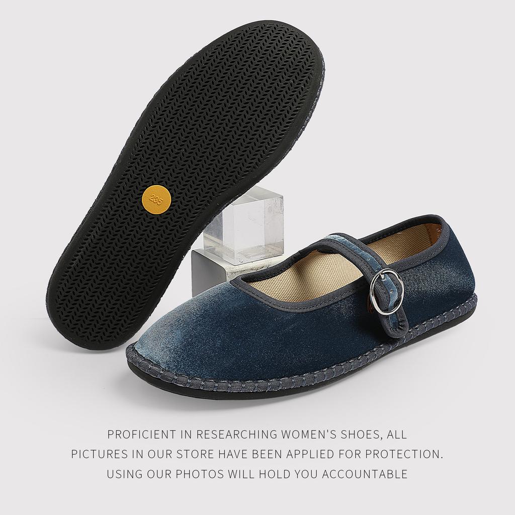 Velvet FlatSoled Cloth Shoes Women'S OneWord Buckle Design Mary Jane Women'S Shoes Korean Comfort