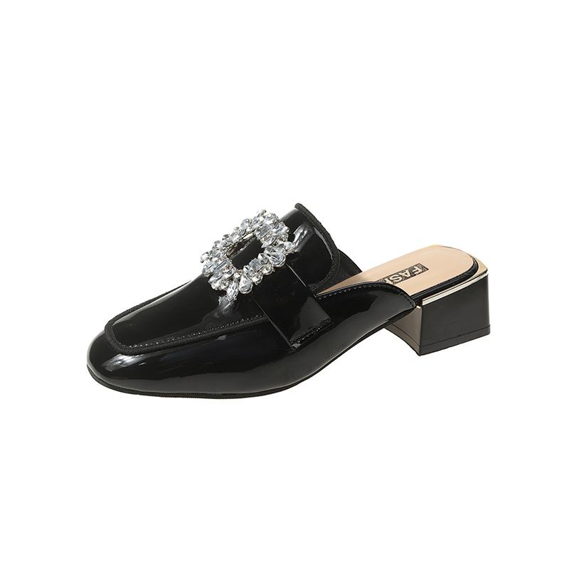 

Модные роскошные хрустальные мюли женские с закрытым носком, слипоны на каблуке, женские сандалии, контрастный дизайн, уличные шлепанцы со стразами, квадратная пряжка 40 чёрный