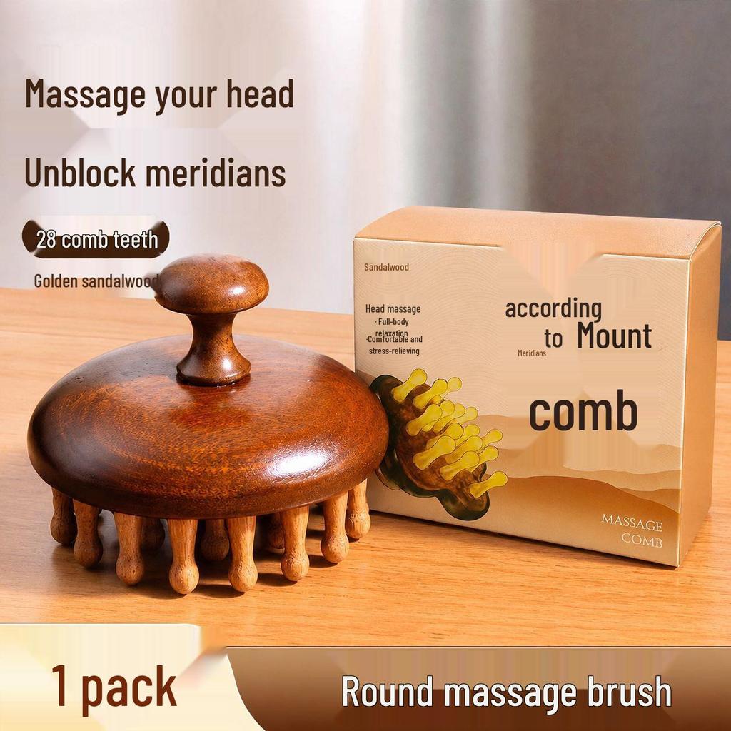Sandalwood 28-Pin Round Disc Therapeutic Massage Comb for Scalp and Meridians