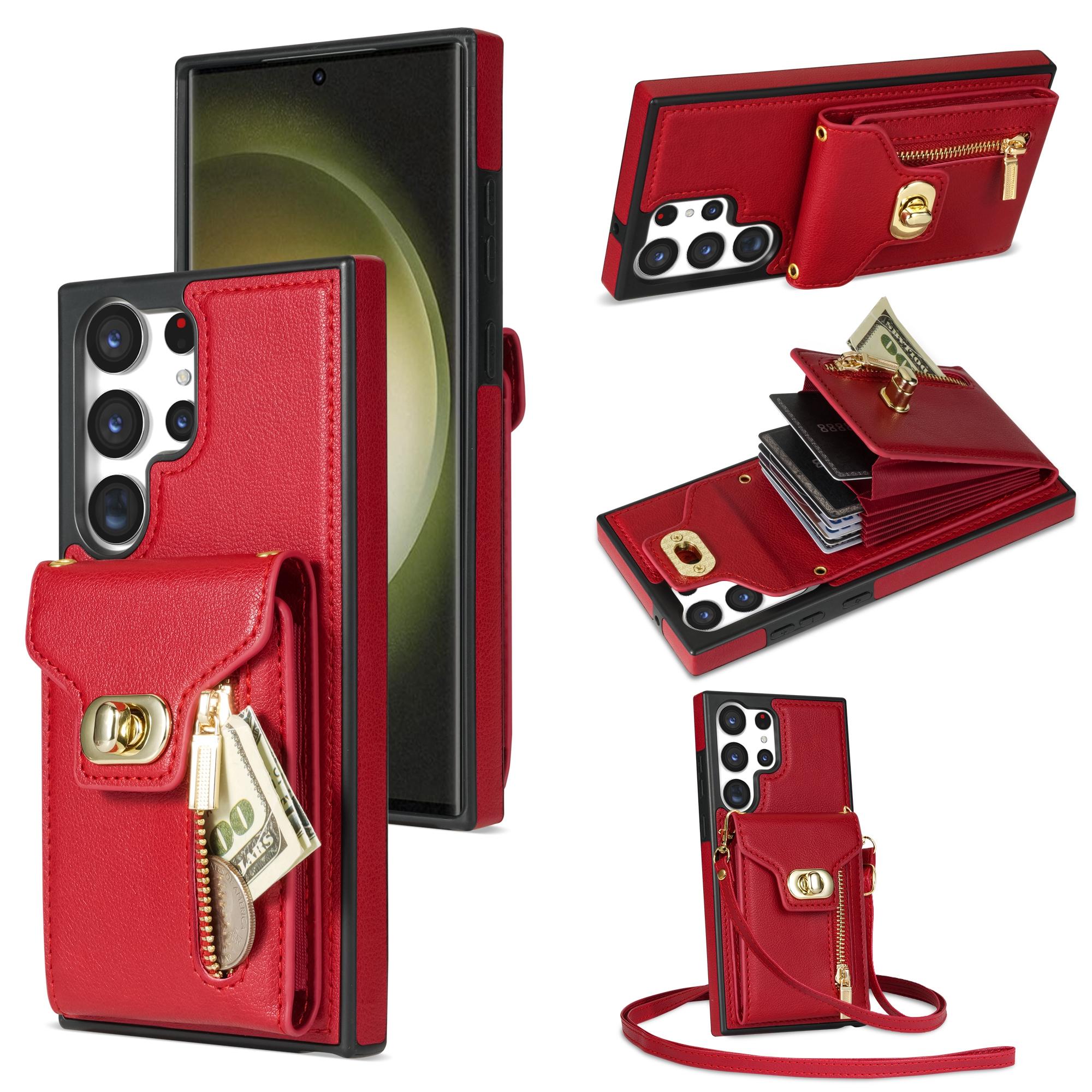 

For Samsung Galaxy S25 Ultra Case Leather+TPU Phone Cover with Card Bag,Shoulder Strap Red
