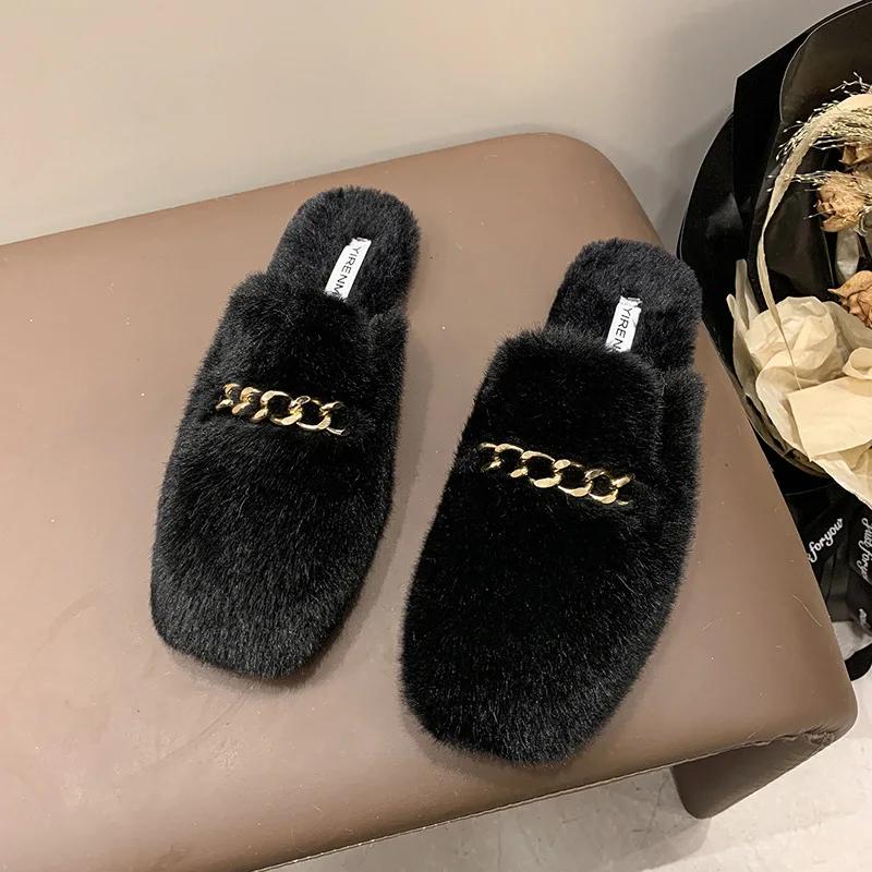 Fashion Women Slippers 2024 Autumn/winter Plush Fluffy Slippers New Korean Outdoor Fashion Cotton Shoes Metal Decorative Warm Flat Shoes