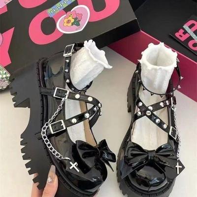 Fashion Women Lolita Shoes New Platform Bow Tie Rivet Chain Pumps Square Heel Buckle Strap High Heels Shoes for Women Zapatos De Mujer