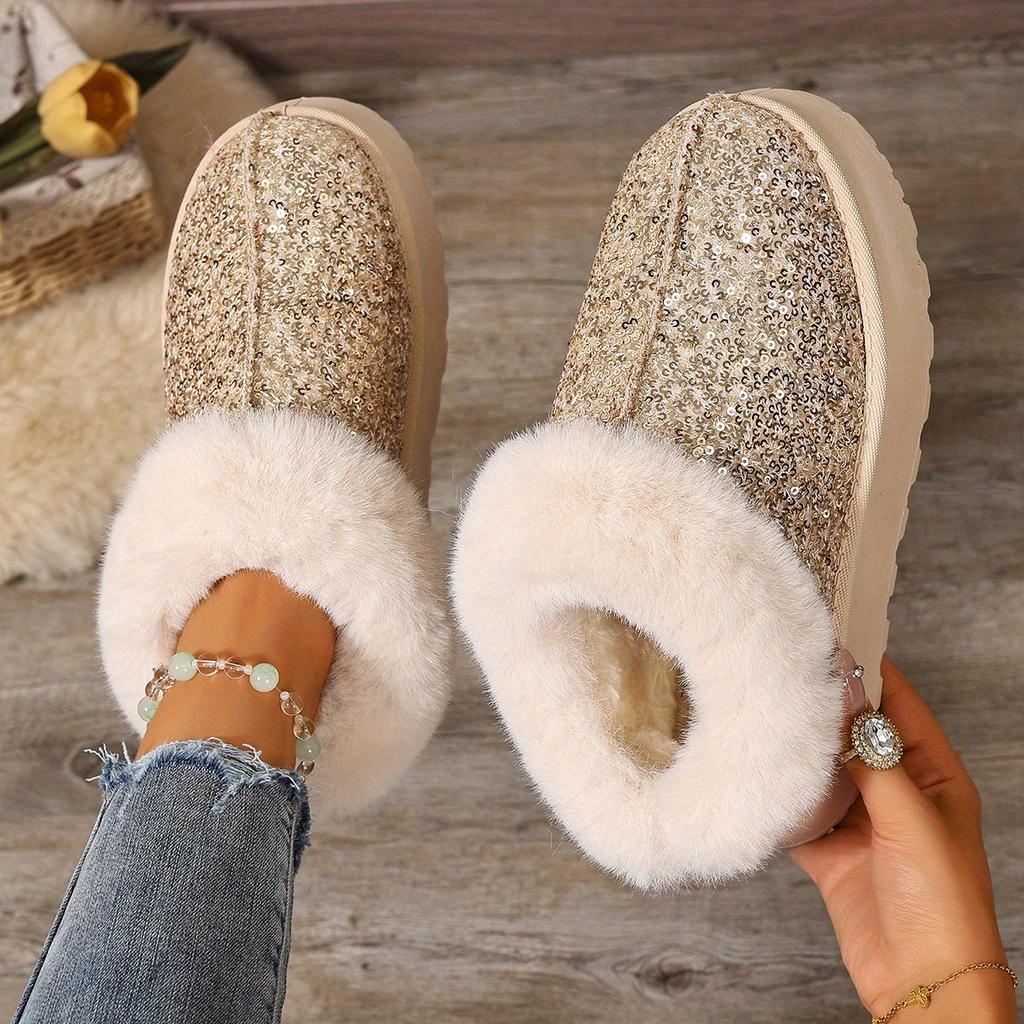 2025 Autumn and Winter New Women's Thick Sole Thickened Plush Snow Boots Sequins