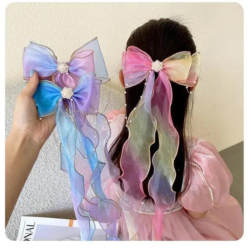 Fashion Hair Accessories New Girls Cute Pearl Colorful Chiffon Bow Ribbon Hairpins Children Sweet Hair Clips For Girls