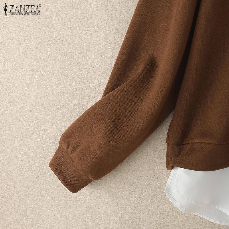 ZANZEA Dame Casual Nedslått Krage Langermet Patchwork Pullover Sweatshirts