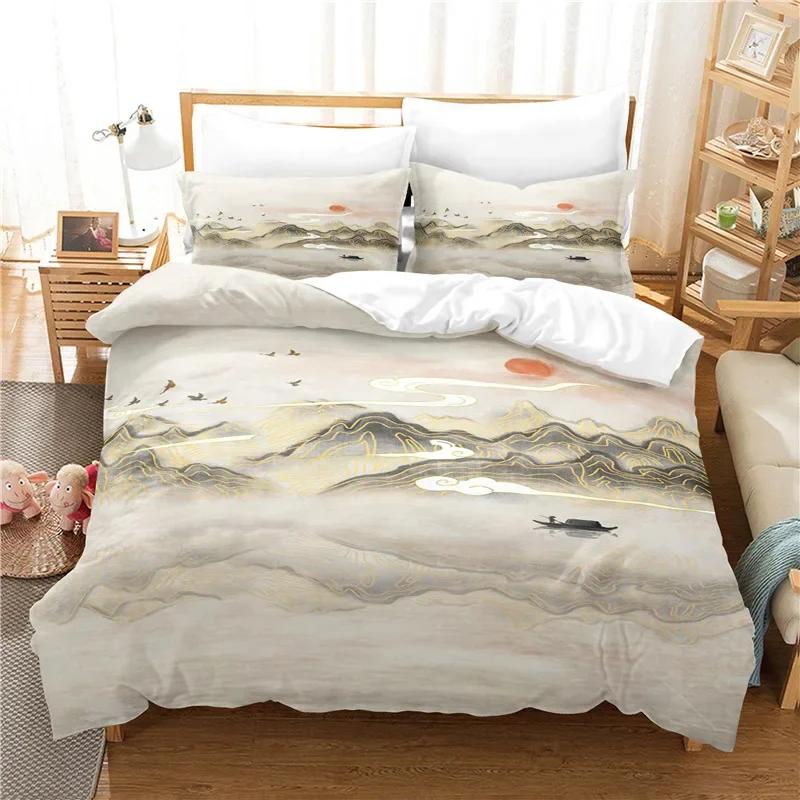 Nature Landscape Duvet Cover King/Queen Size,Chinese Ink Painting Style Bedding Set Mountain River 2/3Pcs Polyester Quilt Cover
